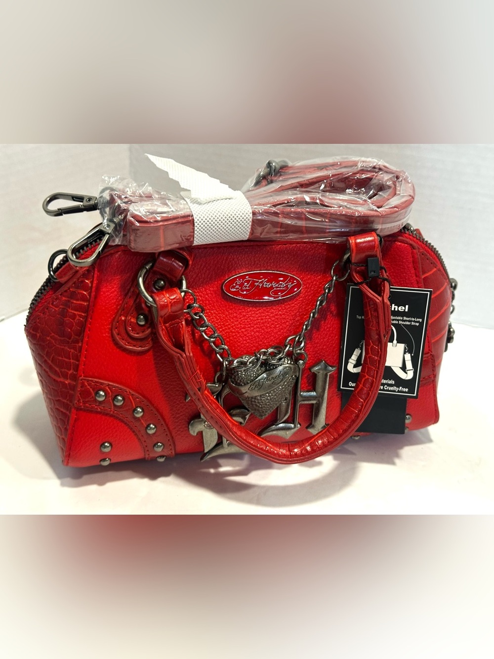 Ed Hardy Red  Satchel Handbag with Charm Accents - Picture 12 of 13